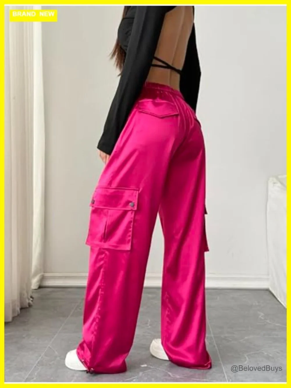 Women's Satin Cargo Pants Wide Leg High Waisted Multi Pockets Dressy Casual